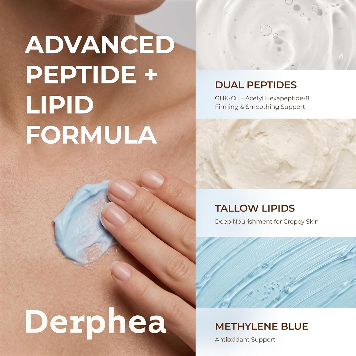 DERPHEA upgraded cream ingredient and texture guide: peptides, tallow lipids and methylene blue
