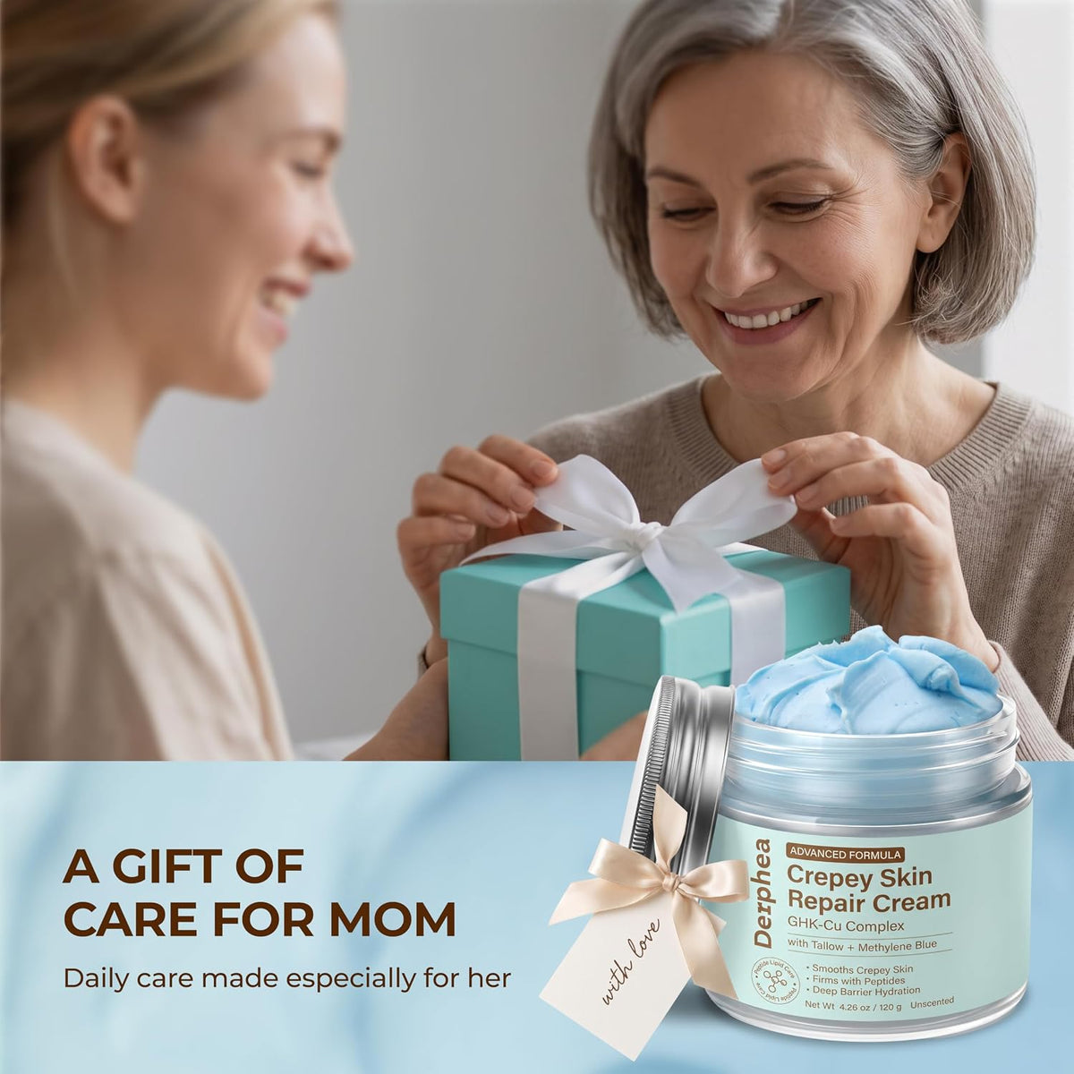 DERPHEA upgraded Crepey Skin Repair Cream shown as a gift of care for mom
